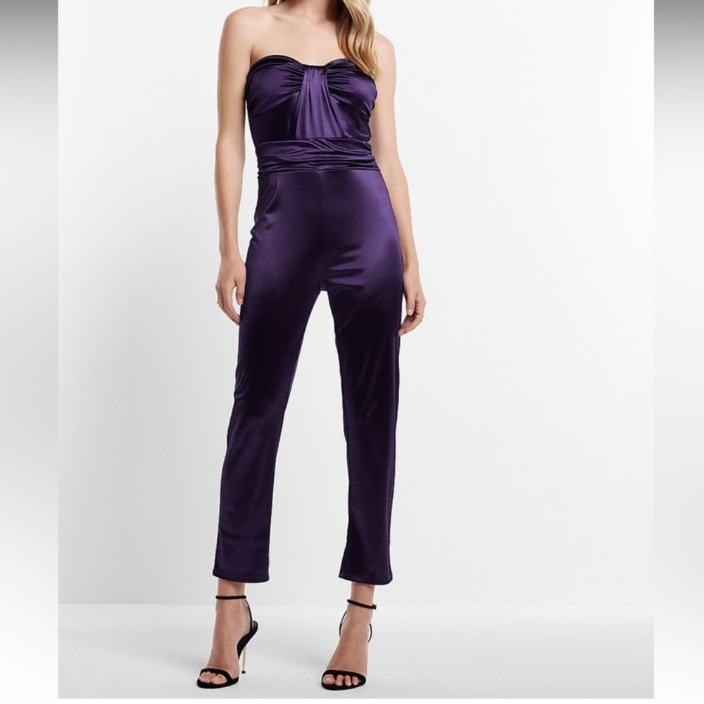 Satin Purple Strapless straight leg Jumpsuit